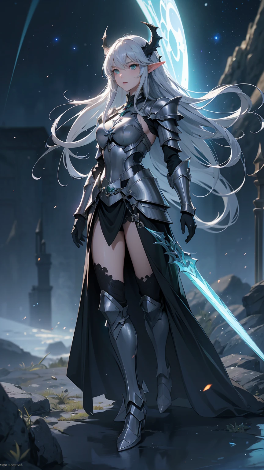 masterpience, best quality, high quality, 8k, anime girl, full body, imponent position, black dragon armor, very detailed armor, no helmet, silver long hair, green eyes, elf ears, flaming sword, castle background, glowing aura, night sky, stars, realistic ilumination, best quality ilumination.