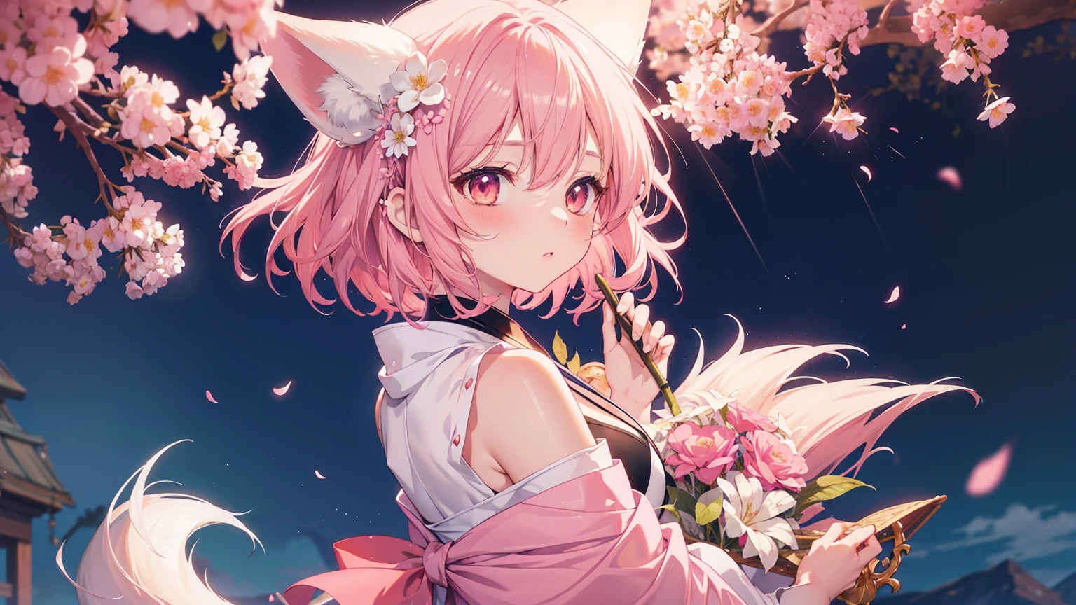 Nine snow-white fox tails (1.0), Milky white fox tail (1.0), Nine-tailed fox close-up, Nine Tails, Nine Tails, Pink Hair、Wearing a pink dress、Anime girl with flowers in her hair, very Beautiful anime fox girl, Beautiful anime fox girl, Beautiful fantasy anime, Gu Weiss, Anime girl with fox ears, Beautiful anime girl, Very beautiful and cute fox girl, Pink flower rain, Background blur, Anime style 4k, Anime Fantasy Artwork, 4k anime wallpaper, Guvez-style artwork