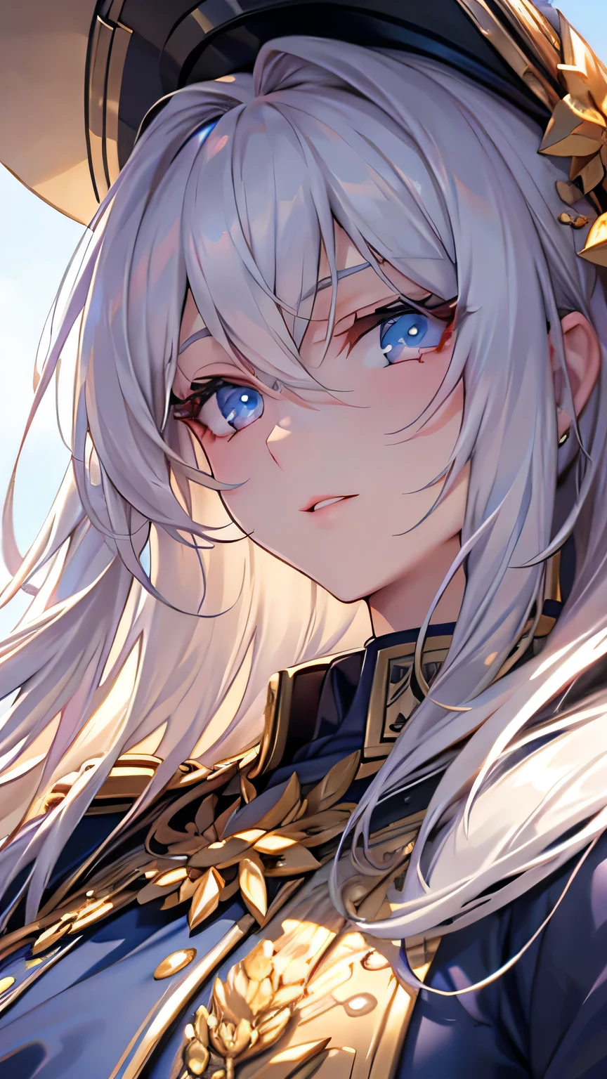 ((best quality)), ((masterpiece)), (detailed face and eyes), detailed hands and fingers, perfect face, accurate, textured skin, high details, gradient hair, hair between eyes, hair over shoulder, big hair, hair over eyes, anime, sparkle, Military uniform, military medal, medal, American Revolutionary War era officers, US Army, Background (battlefield), dusty wilderness, Composition (looking up from below)