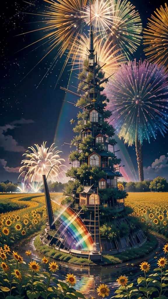 Paysage de champ de tournesol、feu d&#39;artifice、feu d&#39;artifice大会、couleurs de l&#39;arc-en-cielのfeu d&#39;artificeが打ちあがっている瞬間、夜nulとともに、、ひまわり景色で壮大なfeu d&#39;artifice、avenir都市、la plus haute qualité、chef-d&#39;œuvre, (Réflexion diffuse de la lumière:1.2), Quand l&#39;arc-en-ciel fantastique se transforme en ombre, baigné dans une atmosphère mystique, Lancez des sorts magiques. susciter un sentiment d&#39;émerveillement et de respect. Une fusion de grandeur naturelle et de magie, Transformer les rêves en réalité. Voir, nul, Et l&#39;inconnu, Fugace、Et un moment éternel, 16k, Ultra haute résolution.Réaliste, Ultra haute résolution, naître,avenir、couleurs de l&#39;arc-en-cielに光り輝く、couleurs de l&#39;arc-en-ciel、Le monde dans 30 ans。