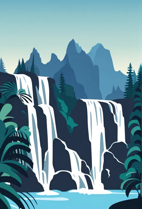 /imagine prompt: waterfall illustration for banner on white background, bold outline style, irregular, trashcore, light shading