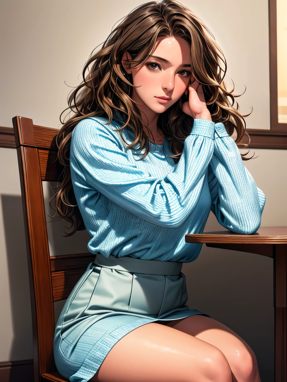 a beautiful girl sitting alone on a chair, looking bored and resting her chin on her hand, with perfectly detailed eyes and face, wavy brown hair, 8k ultra-high resolution, photorealistic, raw photo, realistic skin texture, film grain, self-portrait angle, masterpiece, best quality