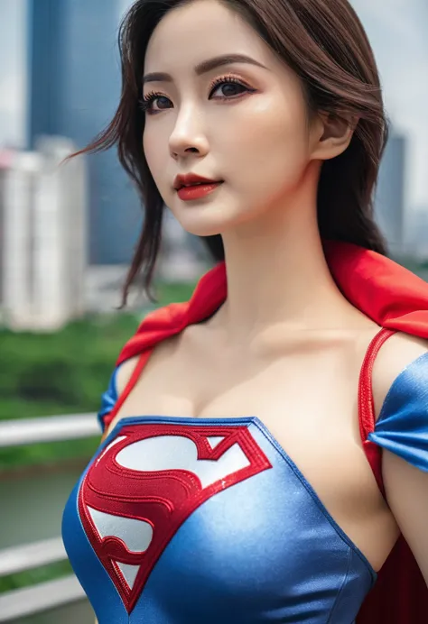 a close up of a asia woman in a superman costume standing on a cityscape, amouranth as a super villain, super photo realistic, r...