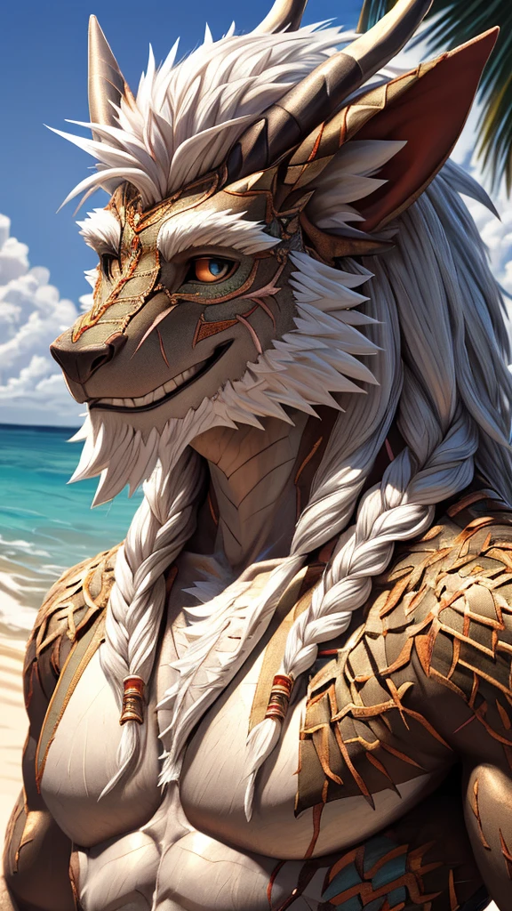 (masterpiece),(highres),(intricate details:1.4),extremely detailed,(illustration:1.2),8k,photorealistic,Anime headshot,exquisite,solo,aged,elder male eastern dragon,muscular,general,(naked upper body:1.4),(white hair:1.3),long hair,braided hair,beard,scar,naked,on the seacoast,beach resort,swimwear,beach,warm sunshine ,smiling face 