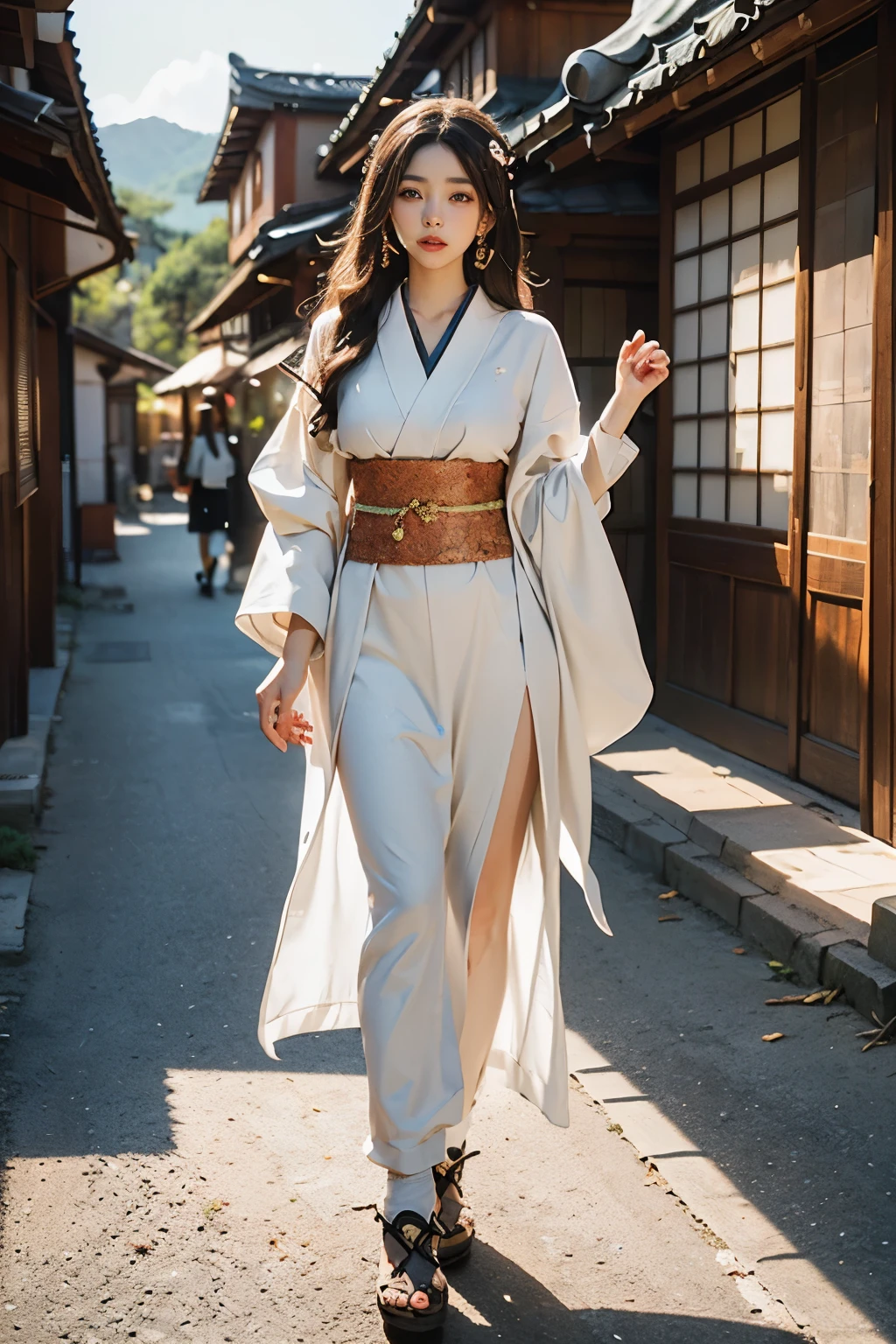 meticulous portrayal of face，1 noblewoman，(Hairpins)，(Camellia kimono)，(Long flowing colored hair)，Simple and elegant Japanese clothing，Collar，(black sock+，clogs)， s the perfect face， perfect hand， Perfect Finger， Perfect lips， perfect  eyes，Extremely normal body，Ancient Japanese town background，Perfect background,Beautiful nipples,Slim legs and hips,