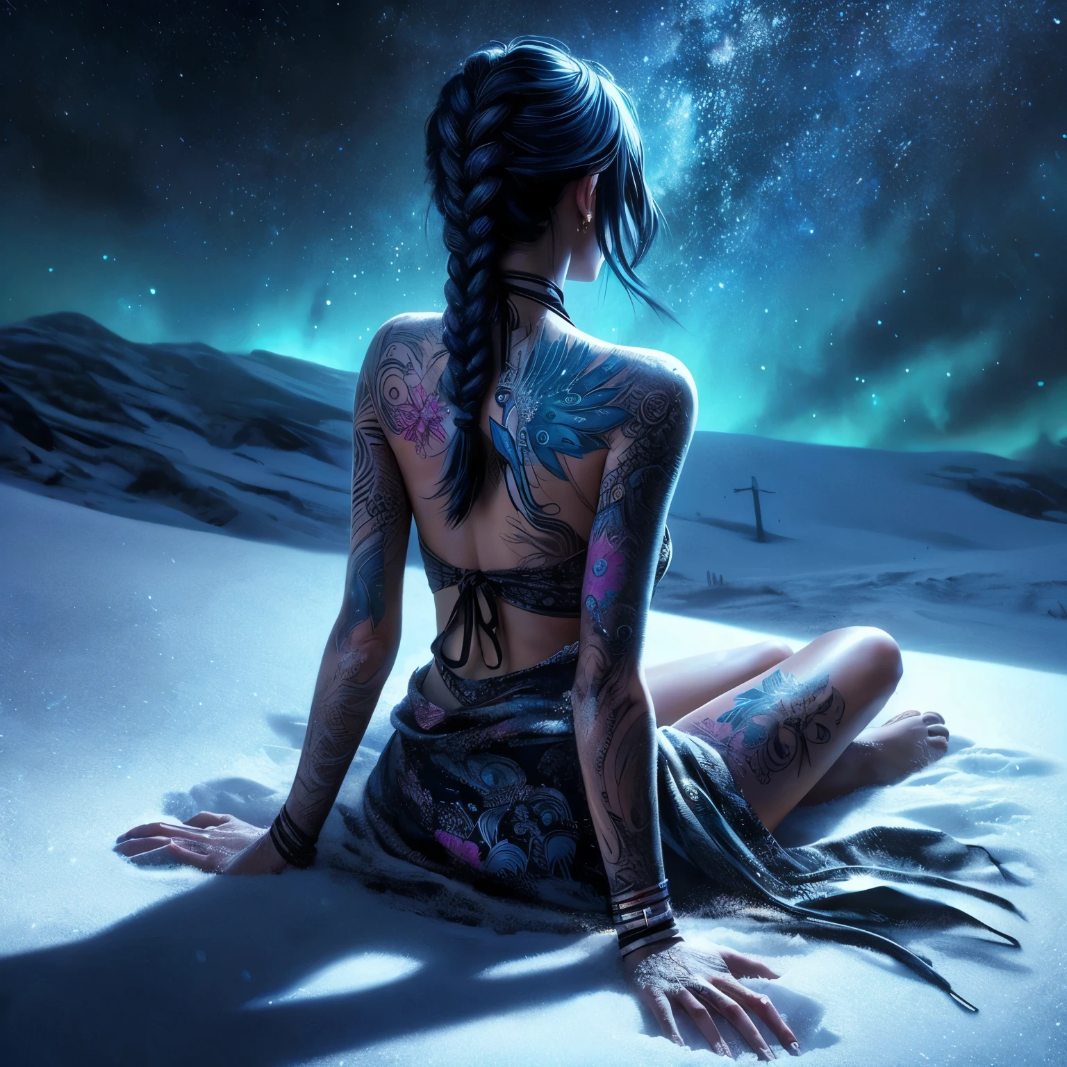 cute back tattooed woman sitting in the snow on a star filled night, blue-green night sky lighting, its dark and shadowy, she feels like she is freezing but does not care, she feels the cold snow sitting legs under her arms crossed, wearing a print top with peacock graphics colors, and a braided knot silk beach skirt, turned away from camera to the left, night sky, sitting in 8 inches of fresh snow, short blue-black hair, closeup cowboy shot, oil painting on slate, sci-fi art style, 36k resolution,
