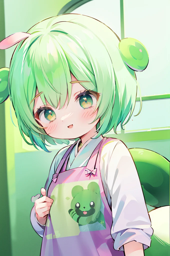 beautiful girl，Yellow-green hair，Beaver、short hair、Low length，Gentle droopy eyes，uniform，Manga Style，Full Color，high school girl，A calm and kind face，Big smile、An innocent smile