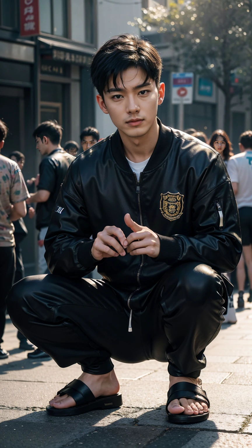 In this fascinating photo、A handsome 35-year-old Chinese man with a beaming、He is wearing a black tracksuit and black sandals.、 He was crouching on the edge of an outdoor street environment.., Colorful dust, Holi Festival, Bathed in the golden light of a beautiful day. With unparalleled attention to detail., This realistic portrait blends National Geographic style。., 8K resolution captures skin texture in fine detail. Leica digital SLR camera. His features were clearly visible., From deep-set eyes to a chiseled jawline., Make this image a true masterpiece..lift. (8K Ultra HD、Raw photo、Photorealistic Portraits Leica Digital SLR、Realistic images)