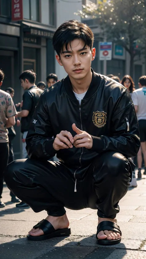 In this fascinating photo、A handsome 35-year-old Chinese man with a beaming、He is wearing a black tracksuit and black sandals.、 ...