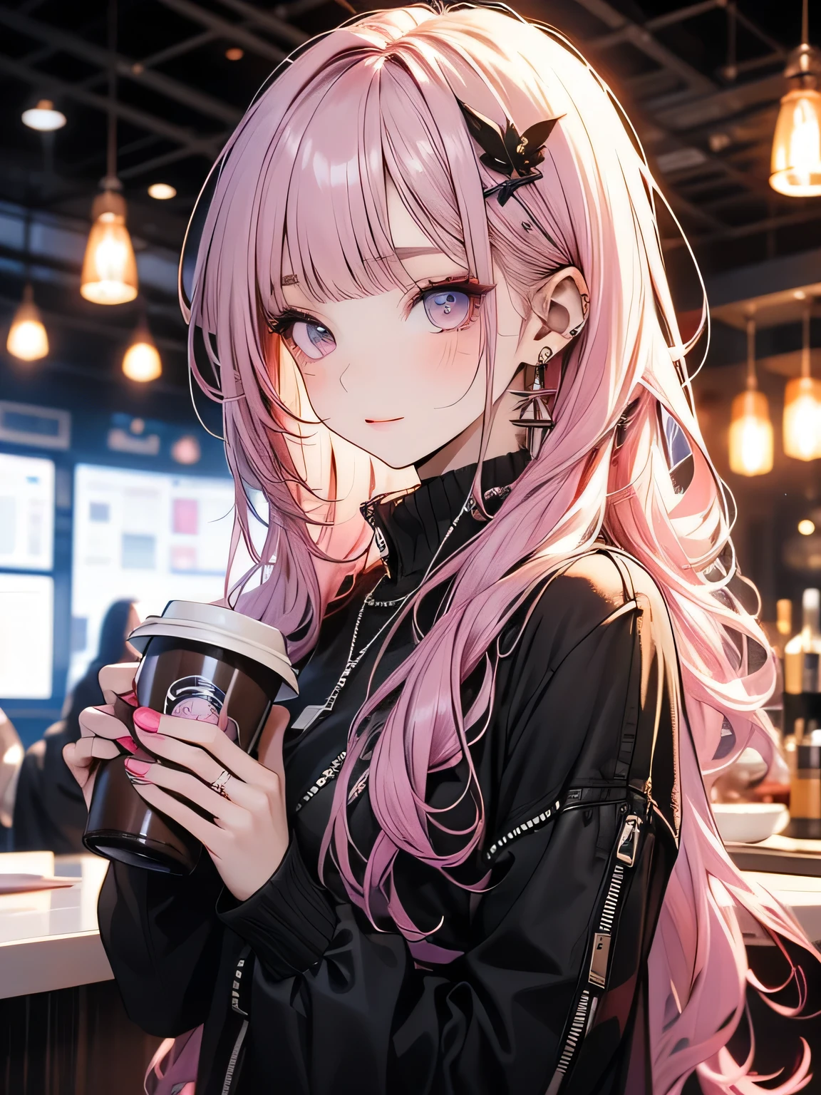 Futuristic Girl,  Purple eyes, space, Pink Hair, Long Hair,  Futuristic Coffee Shop,One girl,Beautiful attention to detail, Detailed face, cute,