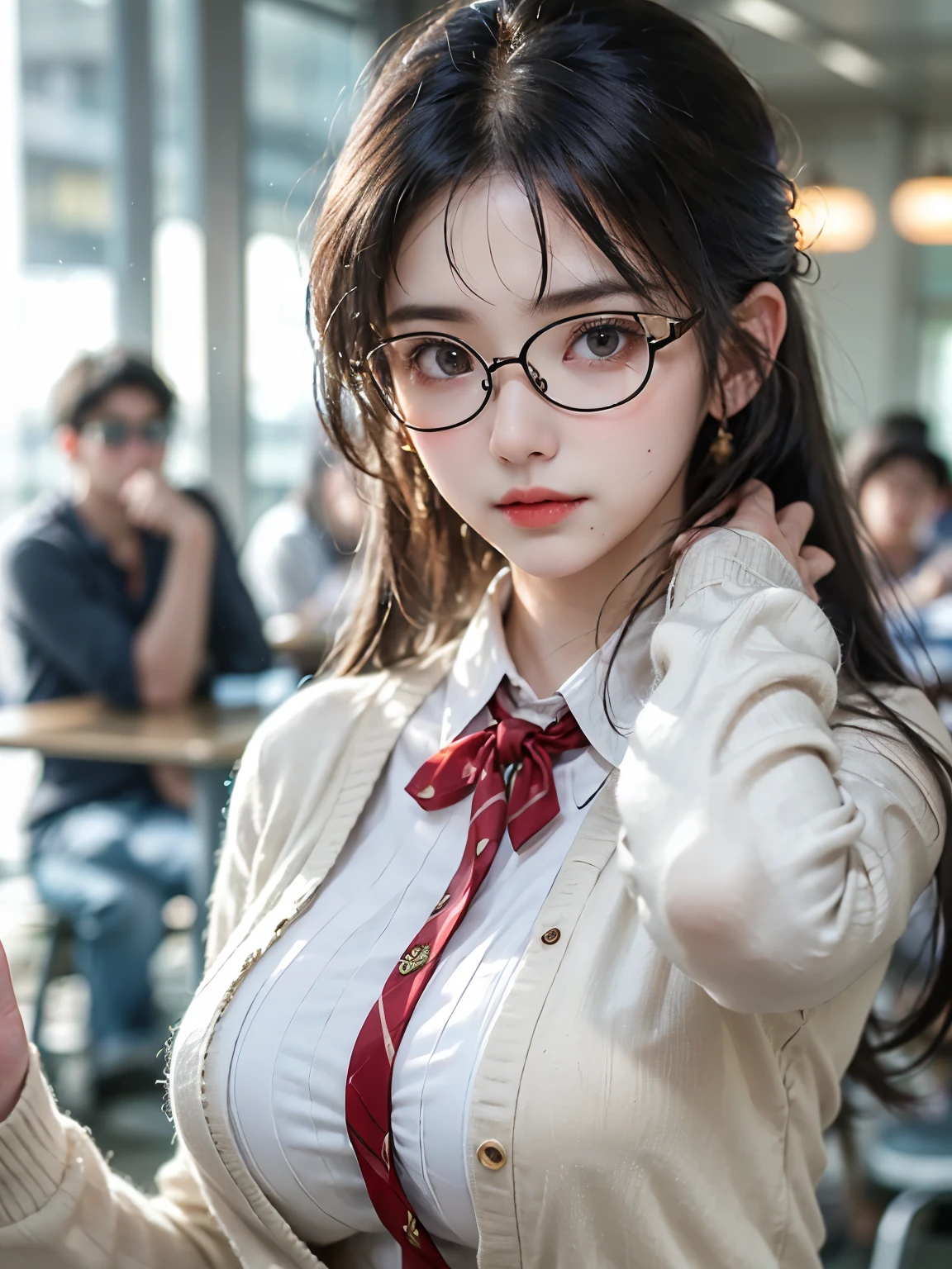 meishaonv, haifeisi, photorealistic, 
(Wearing glasses:1.3)、RAW Photos、Realistic、(Super detailed:1.2)、(High resolution)、masterpiece、(Highest quality)、8K、Beautiful and well-proportioned face、(Perfect Anatomy:1.2)、One Japanese woman、blazer、School Shirts、Tie Ribbon、Mini Pleated Skirt、Increased transparency、School classroom、(Super hourglass body type)、(Super big breasts pointing upwards:1.3)、(Wide super big ass:1.2)、Spread your legs wide、(Sexy and acrobatic poses)、(red cell frame glasses:1.3)、(Wear your glasses lower than usual and place your fingers on the frames:1.3)、Correct fingers、Show your audience a confident smile、Black hair straight、Hime cut