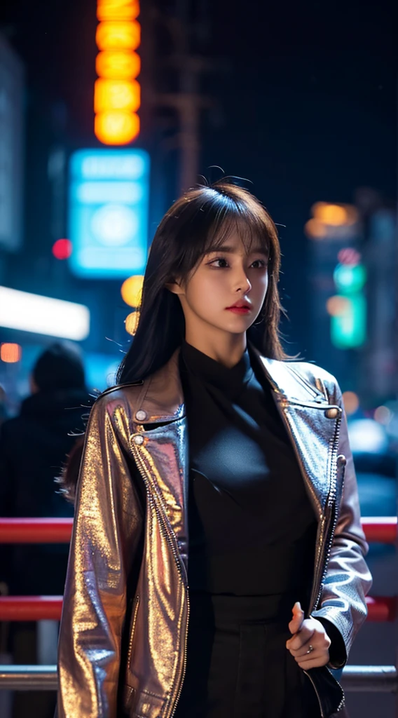 hyper realistic, lifelike texture, dramatic lighting, (best quality:1.1), depth of field, nighttime, in a futuristic cyberpunk city, HDR, shallow depth of field, broad light, high contrast, backlighting, bloom, light sparkles, chromatic aberration, sharp focus, futuristic clothing, leather jacket, beauty512, lnchuu,