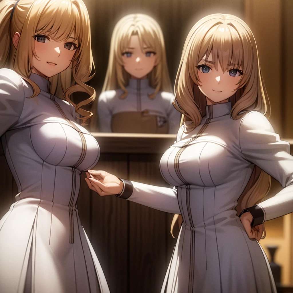 a masterpiece photo of 5 beautiful blonde sisters with curly hair, brown haired sisters, different hair colors, matching hairstyles, hazel eyes, medium bust, matching uniforms, smiling, flat color, same height, organized pose, back to back, best quality, 4k, 8k, highres, masterpiece:1.2, ultra-detailed, realistic, photorealistic, photo-realistic:1.37, HDR, UHD, studio lighting, ultra-fine painting, sharp focus, physically-based rendering, extreme detail description, professional, vivid colors, bokeh