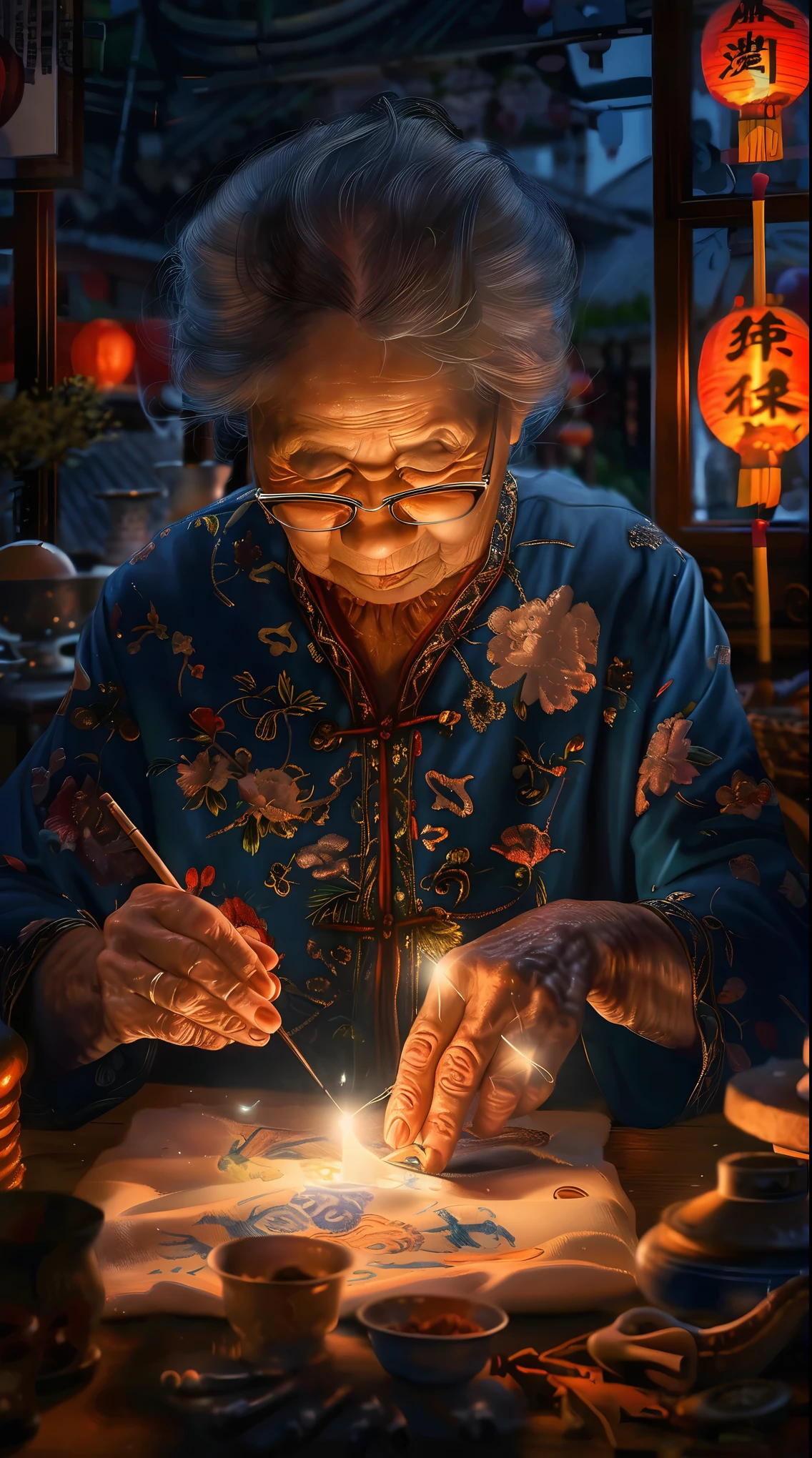 Une vieille femme fabrique des bougies avec des bougies allumées, Peinture détaillée 4k, superbe œuvre d&#39;art, auteur：James Gurney, very detailed peinture numérique, photorealistic peinture numérique, stunning peinture numérique, belle œuvre d&#39;art numérique, lumières rougeoyantes! peinture numérique, Minutieux et réaliste, Artiste senior en rendu 3D, Des chiffres très détaillés, Portrait détaillé, nombres ultra détaillés, belle œuvre d&#39;art