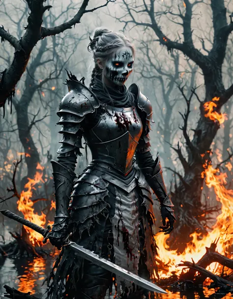 novuschroma38 creepy, novuschroma38, 1girl, knight, swamp, withered trees, flames in (background), solo, standing, bleeding, blo...