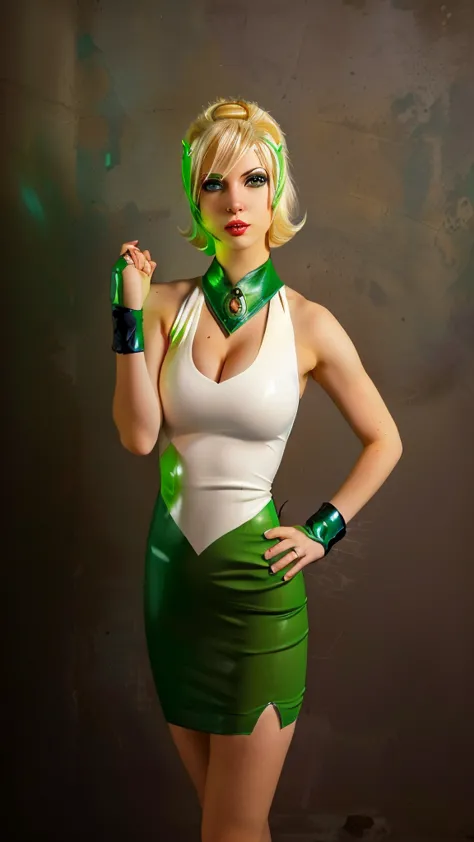 blond woman in green and white outfit posing for a picture, tatsumaki from one punch man, tatsumaki, power girl, cory chase as a...