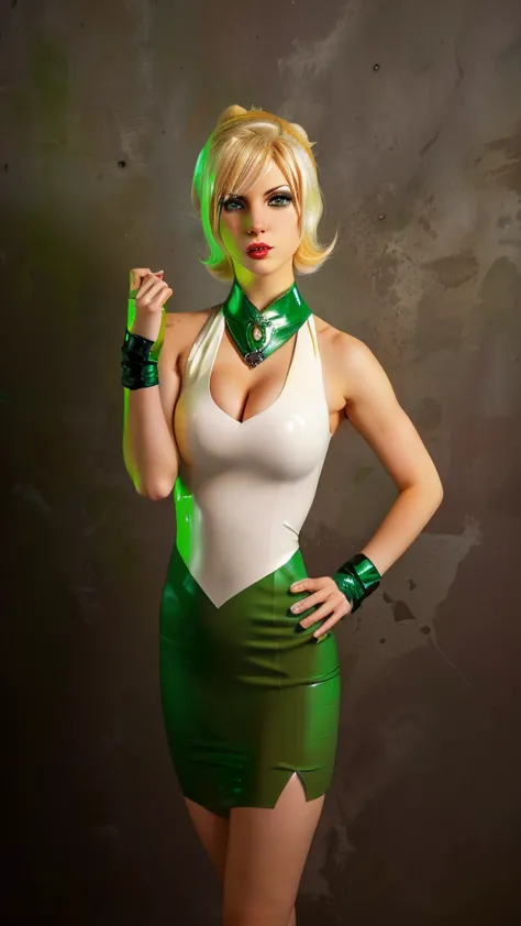 blond woman in green and white outfit posing for a picture, tatsumaki from one punch man, tatsumaki, power girl, cory chase as a...