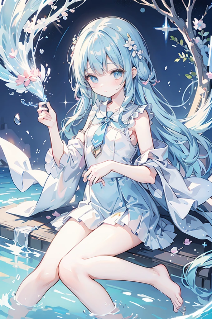 mermaidモチーフのMagical girl、Highest quality、Loriータ、Confused eyes、Primary school students、small、、Young Girl、Water Manipulation Magic、水を司るMagical girl、beautiful girl、cute、Full-body portrait、light blue、Have a koto、Playing the lyre、Clear eyes、pose、Magic Exerciseermaid、Magical girl、front、Deathblow