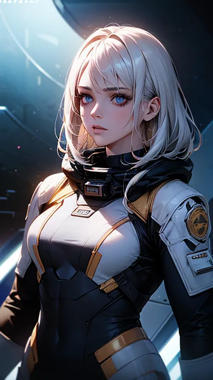 a beautiful girl with golden white hair, blue eyes, wearing a black spacesuit, detailed face and eyes, intricate hairstyle, dram...