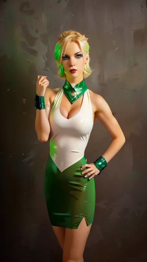 blond woman in green and white outfit posing for a picture, tatsumaki from one punch man, tatsumaki, power girl, cory chase as a...
