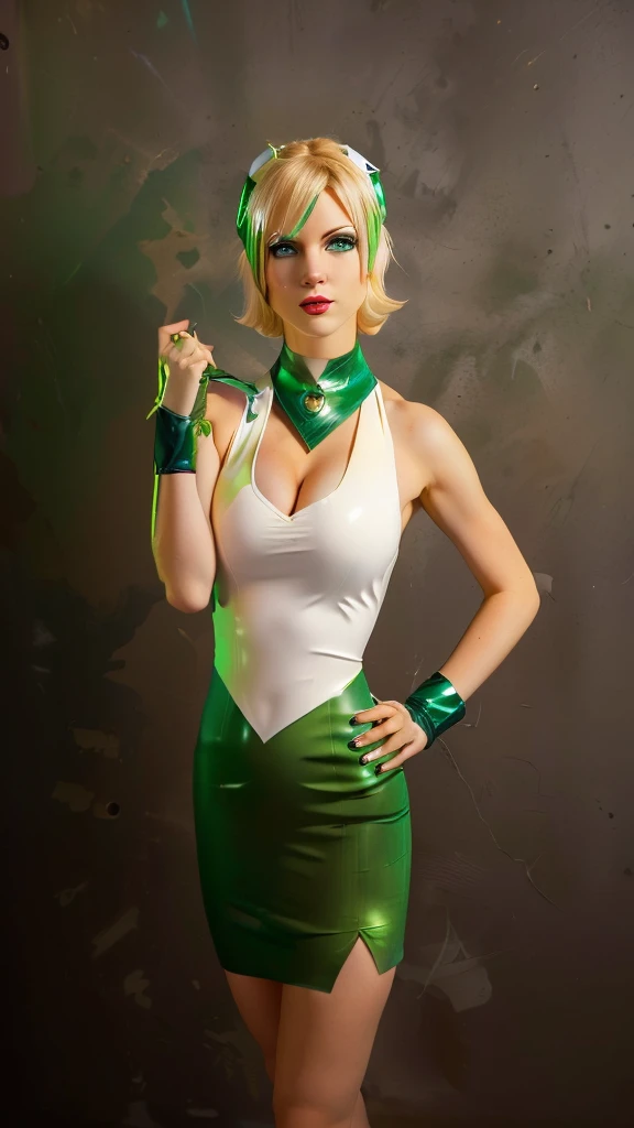 blond woman in green and white outfit posing for a picture, tatsumaki from one punch man, tatsumaki, power girl, cory chase as an atlantean, publicity cosplay, riven from league of legends, as a retro futuristic heroine, dinah drake, lola bunny fanart, full-cosplay, riven, gwen stacy, glamourous cosplay