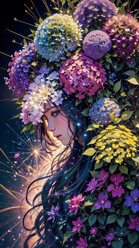 Hydrangea background、Colorful hydrangeas、Hydrangea scenery、firework、firework大会、Rainbow colorsのfireworkが打ちあがっている瞬間、夜nullとともに、、紫陽花...