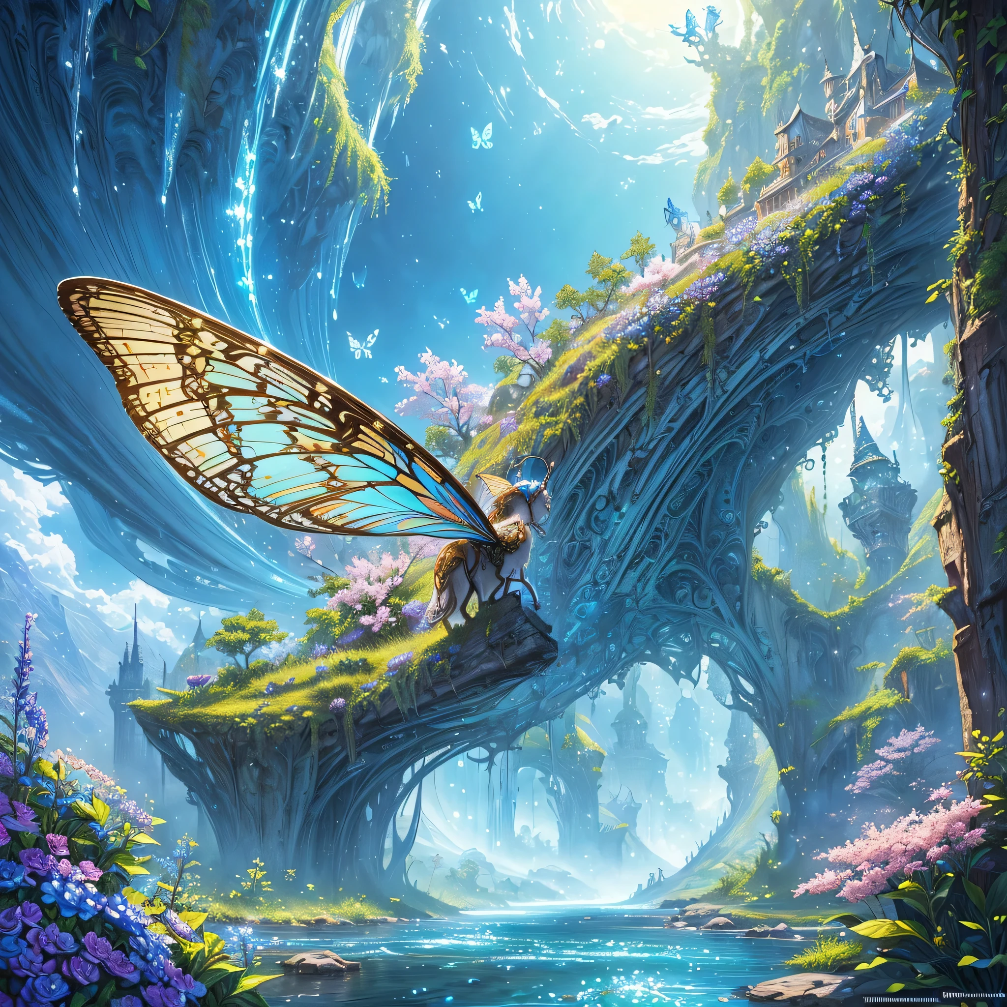 ((Highest quality)),(Ultra-high resolution),(Very detailed),(Detailed Description),((The best CG)),(A masterpiece),Ultra-detailed art,Amazing drawing art,(Fantasy art with intricate detail:1.5), Utopia of eternal spring,coloured butterflies、The blue sky stretches out endlessly、Clear Stream、Small Flower々、