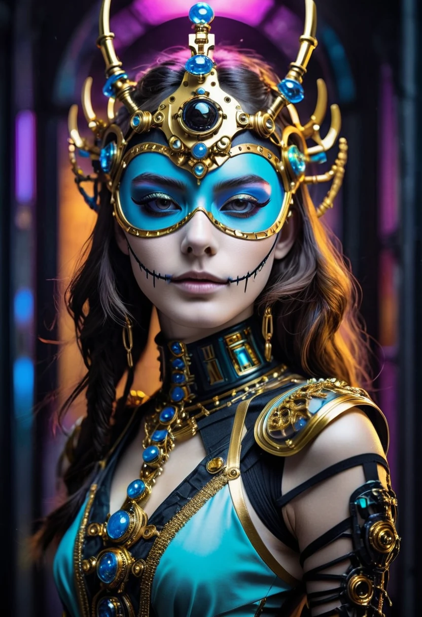 tarot card, chiaroscuro technique on sensual illustration of an queen of sword, a teenage fashion model wearing an exo-skeleton mask, vibrant colors, futuristic cyberpunk style, intricate details, cinematic lighting, dramatic pose, an elegant complex bio mechanical onyx and gold, intricate details