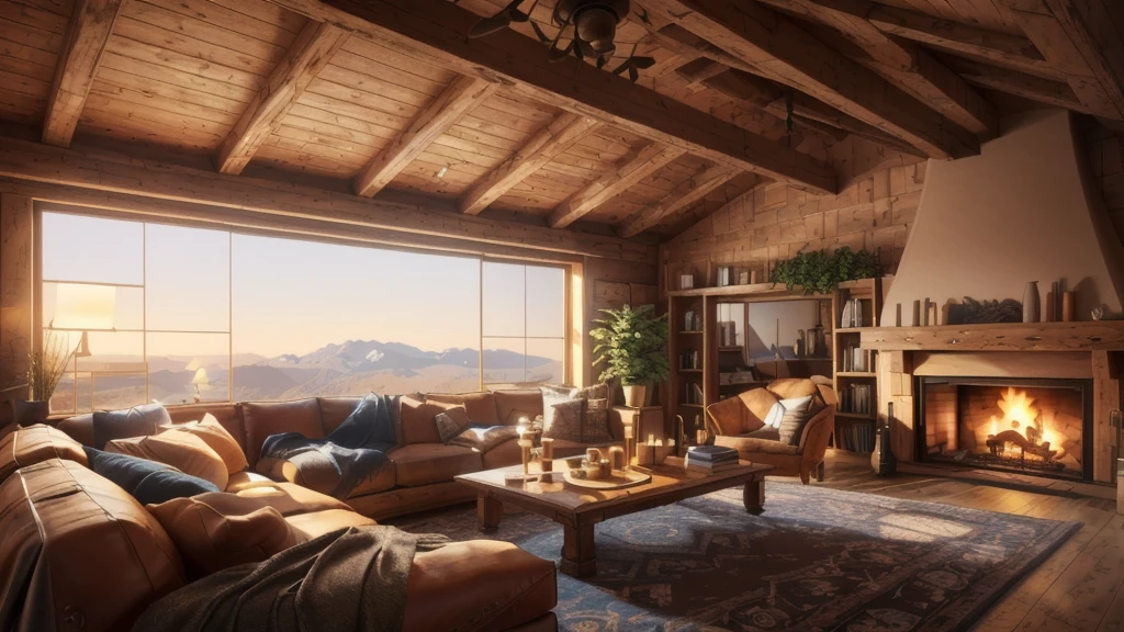 arafed living room with a fireplace and a large window, warm living room, picture of a loft in morning, cozy living room background, luxurious wooden cottage, cozy living room interior, vray 8k render, 8k octane render photorealistic, warm interior, unreal 5 engine rendered, 8k vray render, cozy living room, rendered unreal engine 5