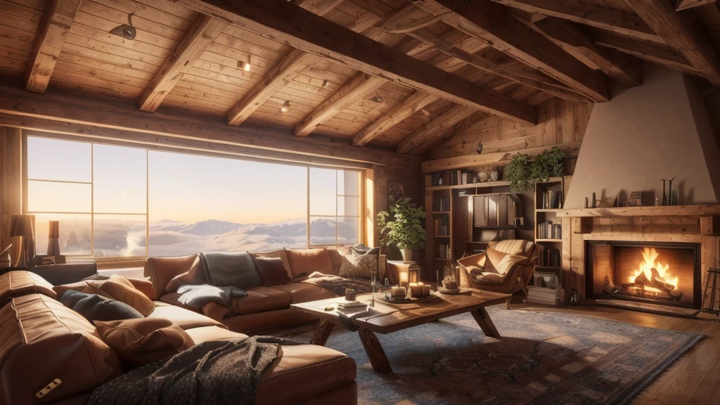 arafed living room with a fireplace and a large window, warm living room, picture of a loft in morning, cozy living room background, luxurious wooden cottage, cozy living room interior, vray 8k render, 8k octane render photorealistic, warm interior, unreal 5 engine rendered, 8k vray render, cozy living room, rendered unreal engine 5