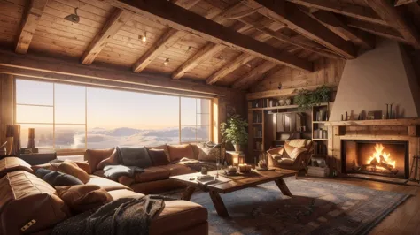 arafed living room with a fireplace and a large window, warm living room, picture of a loft in morning, cozy living room backgro...
