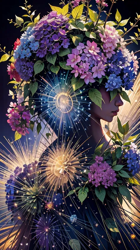 Hydrangea background、Colorful hydrangeas、Hydrangea scenery、firework、firework大会、Rainbow colorsのfireworkが打ちあがっている瞬間、夜nullとともに、、紫陽花...