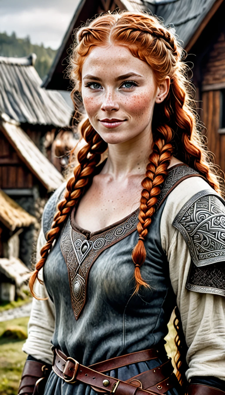 epic viking woman, curly red hair, two braids, intricate details, furs, freckles, viking clothing, medieval viking village background, half smile, hyperrealism, complexity, (Masterpiece: 1.5), (best quality: 1.5). watercolor airbrush Magali style Villeneuve