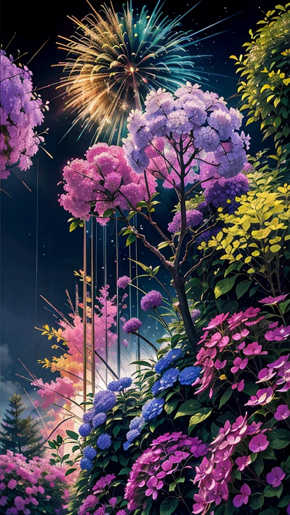 lluvia、Fondo de hortensia、Hortensias coloridas、paisaje de hortensias、Fuegos artificiales、Fuegos artificiales大会、colores del arcoirisのFuegos artificialesが打ちあがっている瞬間、夜NULOとともに、、紫陽花景色で壮大なFuegos artificiales、futuro都市、de la máxima calidad、obra maestra, (Reflexión difusa de la luz.:1.2), When the fantastic lluviabow turns into shadow, bañado en una atmósfera mística, Lanzar hechizos mágicos. evocar una sensación de asombro y asombro. Una fusión de grandeza natural y magia., tejiendo sueños en realidad. Mirad, NULO, y lo desconocido, Fugaz、Y un momento eterno, 16k, Resolución ultraalta.Realista, Resolución ultraalta, nacer,futuro、colores del arcoirisに光り輝く、colores del arcoiris、El mundo dentro de 30 años。