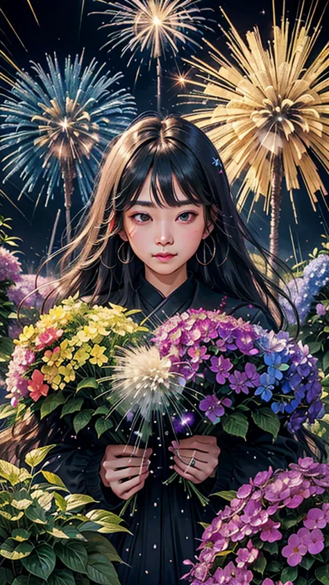 rain、Hydrangea background、Colorful hydrangeas、Hydrangea scenery、firework、firework大会、Rainbow colorsのfireworkが打ちあがっている瞬間、夜nullとともに...