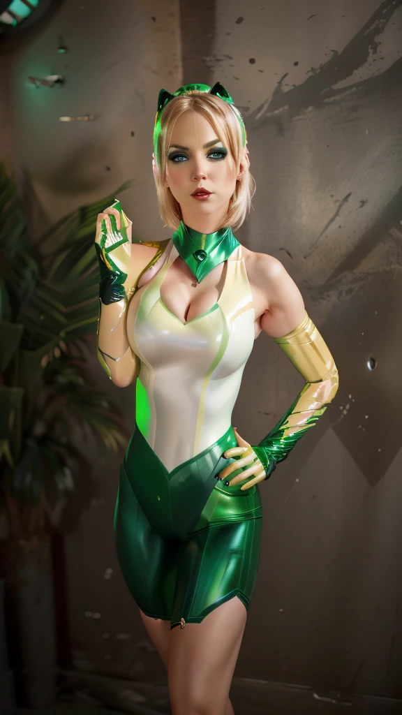 blond woman in green and white outfit posing for a picture, tatsumaki from GREEN LANTERN , power girl, cory chase as an atlantean, publicity cosplay, riven from league of legends, as a retro futuristic heroine, dinah drake, lola bunny fanart, full-cosplay, riven, gwen stacy, glamourous cosplay
