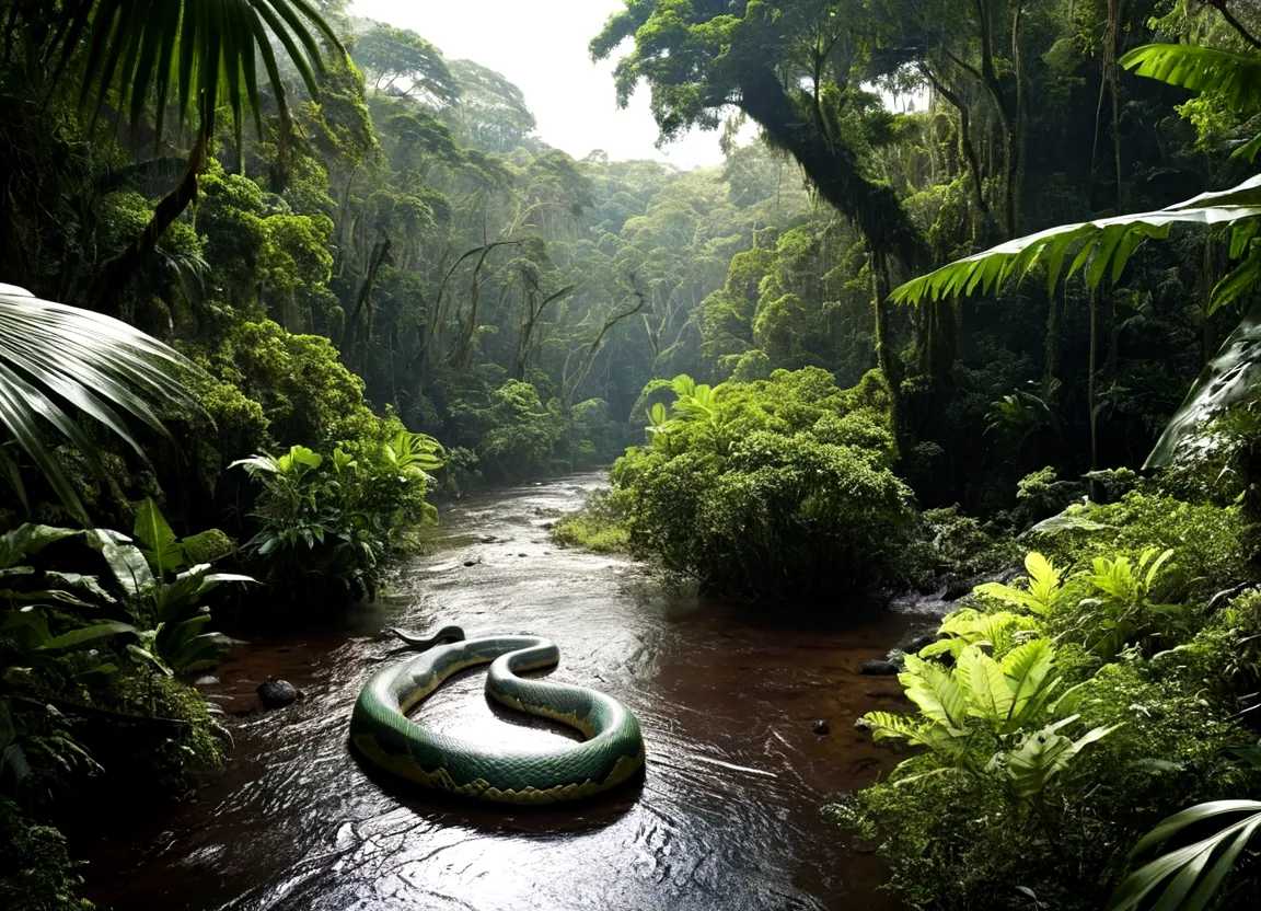 giant snake in a distance, A tropical forest, dense forest, stream running through the middle, large trees, remote and inhospita...