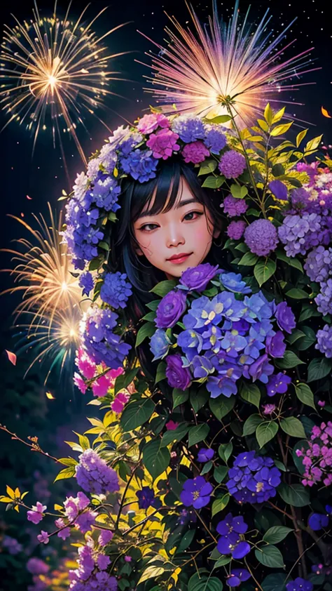 firework、Hydrangea background、Colorful hydrangeas、Hydrangea scenery、firework、firework大会、Rainbow colorsのfireworkが打ちあがっている瞬間、夜null...