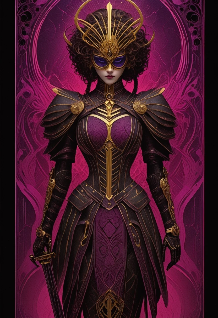 tarot card, chiaroscuro technique on sensual illustration of an queen of sword, a teenage fashion model wearing an exo-skeleton mask, vibrant colors, futuristic cyberpunk style, intricate details, cinematic lighting, dramatic pose, an elegant complex bio mechanical onyx and gold, intricate details