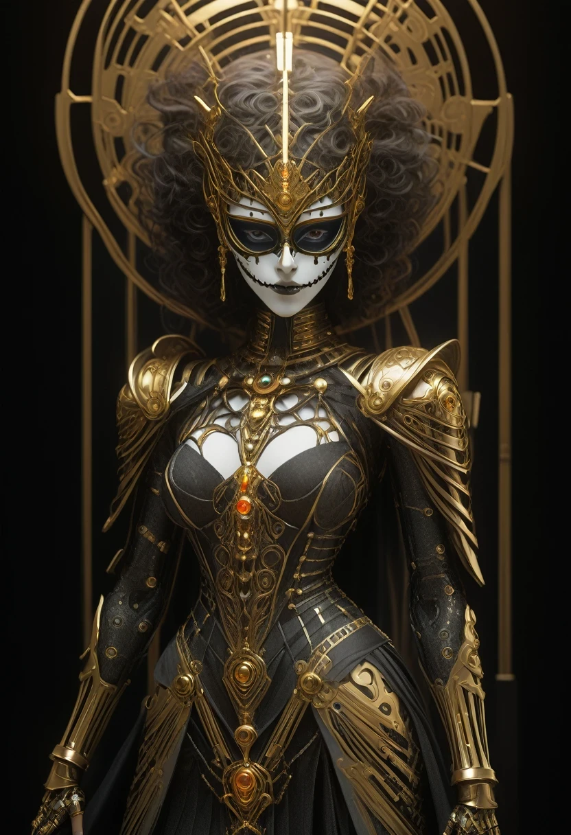 塔罗牌, 明暗对比技术对剑之女王的感官描绘, 戴着外骨骼面具的青少年时装模特, 鲜艳的色彩, 未来赛博朋克风格, 复杂的细节, 电影灯光, 戏剧性的姿势, 优雅复杂的生物机械玛瑙和黄金, 复杂的细节