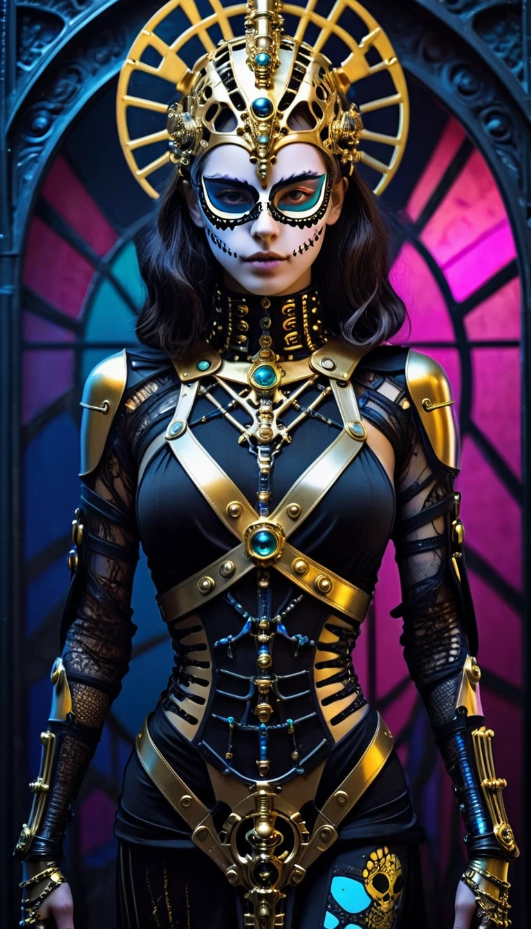 tarot card, chiaroscuro technique on sensual illustration of an queen of sword, a teenage fashion model wearing an exo-skeleton mask, vibrant colors, futuristic cyberpunk style, intricate details, cinematic lighting, dramatic pose, an elegant complex bio mechanical onyx and gold, intricate details