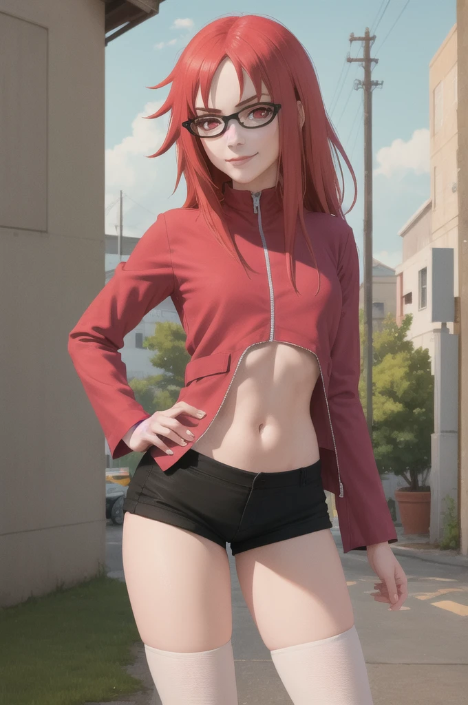 masterpiece, best quality, solo, 1girl, karinuzumaki, smirk, looking at viewer, hand on hip, glasses, short cowgirl jacket, long sleeves, shorts jrans, thighhighs 