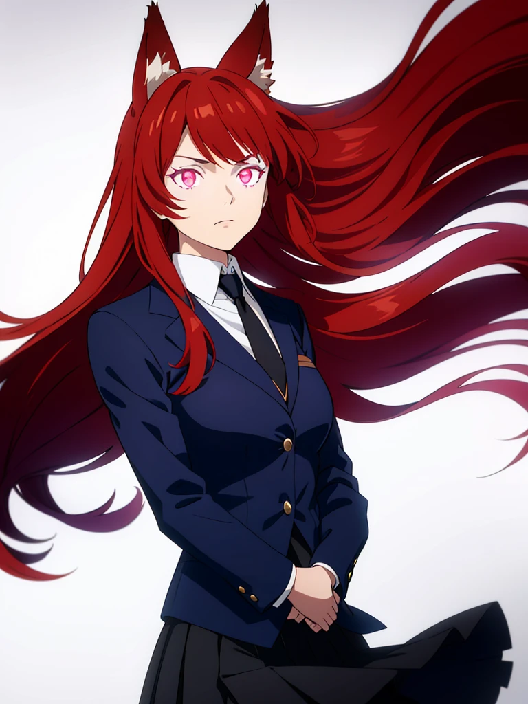 1girl ,solo,20s,mature female,red hair,long hair,fox ears,(white background),shirt,black standard tie,blue blazer,long sleeves, black pleated skirt,(upper body),glowing eyes