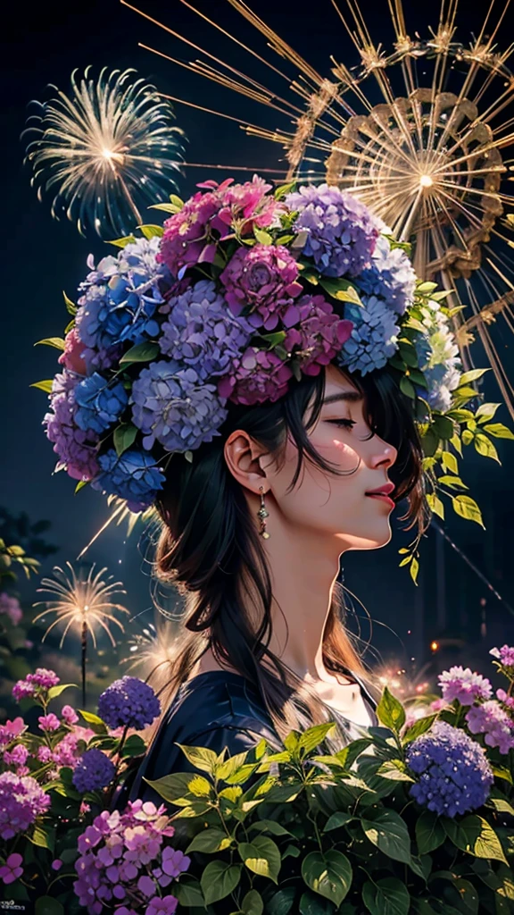 色とりどりのアジサイ、アジサイの風景、花火、花火大会、虹色の花火が打ちあがっている瞬間、夜ヌルとともに、、紫陽花景色で壮大な花火、未来都市、最高品質、傑作, (光の拡散反射:1.2), 幻想的な虹が影に変わるとき, 神秘的な雰囲気に包まれて, 魔法の呪文を唱える. 驚きと畏敬の念を呼び起こす. 自然の壮大さと魔法の融合, 夢を現実に織り込む. 見よ, ヌル, そして未知の, つかの間の、そして永遠の瞬間, 16k, 超高解像度.現実的, 超高解像度, 生まれる,未来、虹色に光り輝く、虹色、30年後の世界。