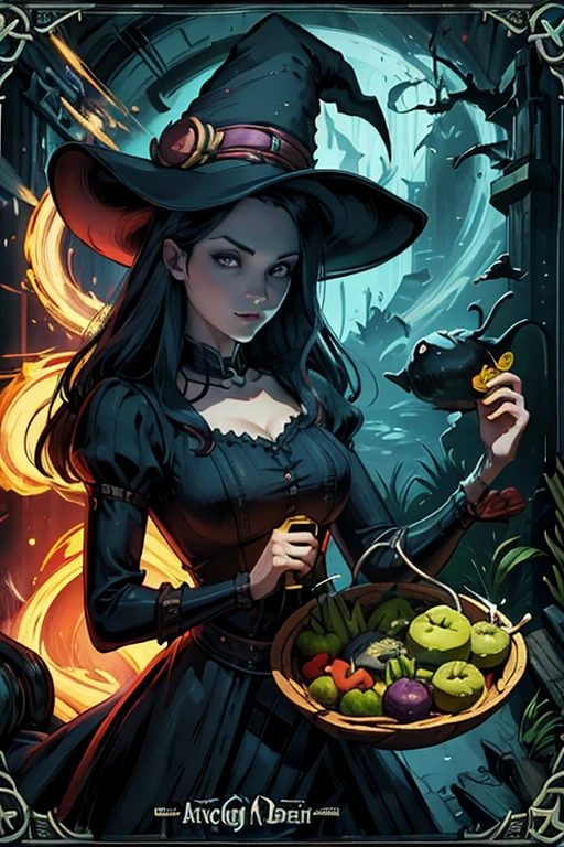 Trading card of [Witch Brewing Potion], [Arte Digital], [Estilo Cartunesco], [Morgana CartoonArt], [Artistation], [Cartoonish resolution], [Vivid and charming colors], [Fun lighting], [Lente wide-angle para abranger a cena]