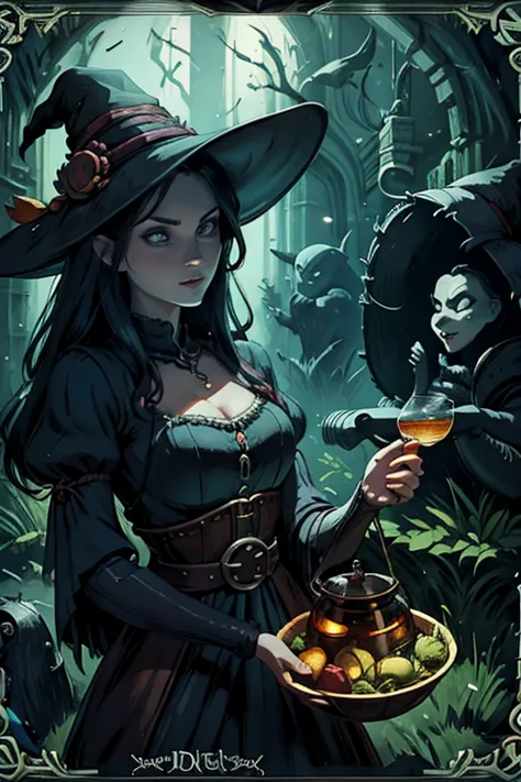 trading card of [witch brewing potion], [arte digital], [estilo cartunesco], [morgana cartoonart], [artistation], [cartoonish re...