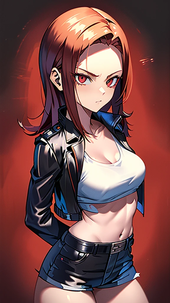 18 year old young girl, redhead with red eyes, black leather jacket, short white shirt, hot blue short jean shorts, aura around the body dark red, serious look, sexy, bristly hair, spiky hair