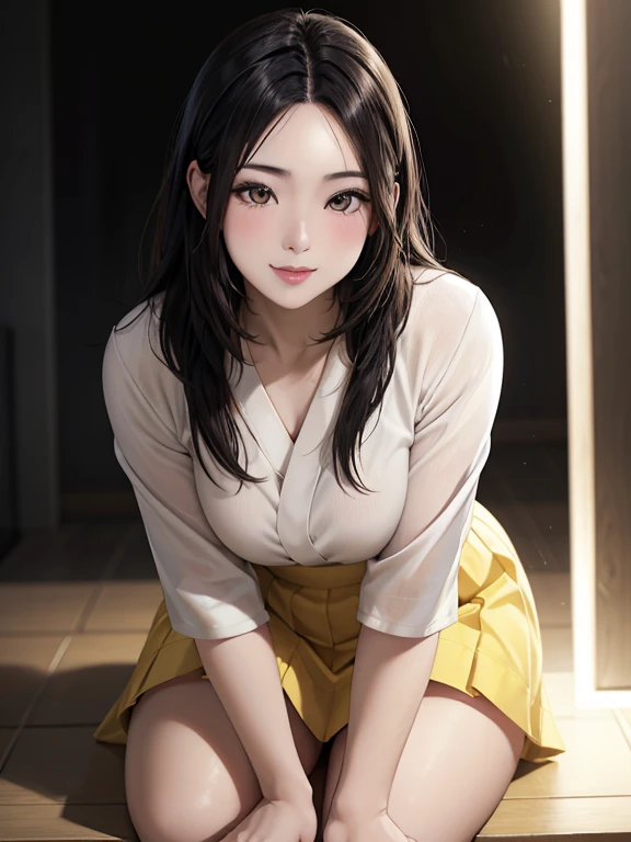 Beautiful Japanese Woman, Soft skin and a nice perfect face, A small face with a nose and rosy lips, Beautiful Eyes, Beautiful smile. black, Surrounded by a bright, ethereal glow、Thin, long, beautiful hair. A loose, medium hairstyle with gradation highlights and layers of greyish beige, Navy band collar shirt x yellow houndstooth flare skirt, Bright neon colorful background, Hyperrealistic female photos, High quality high resolution 8K masterpiece