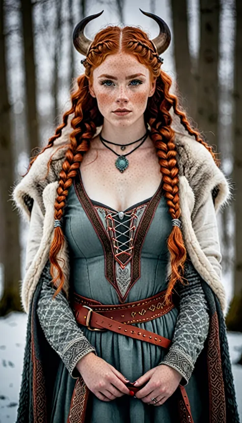 epic woman, curly red hair, two braids, intricate details, furs, freckles, viking clothing, medieval 