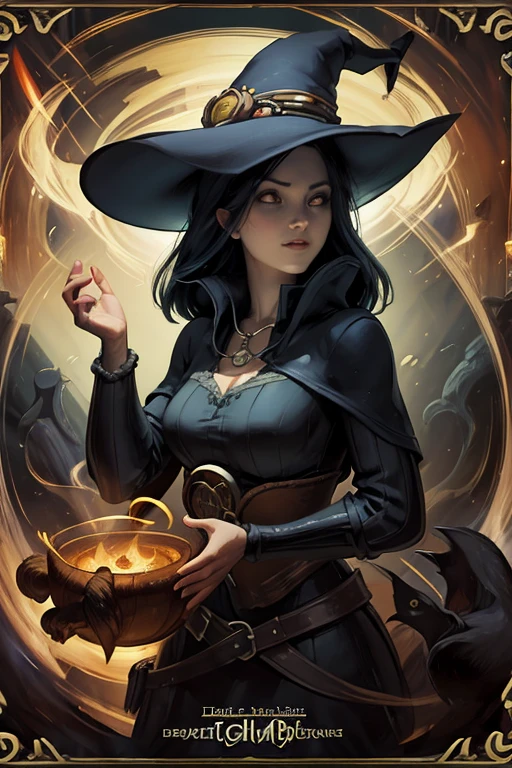 Trading card of [Witch Brewing Potion], [Arte Digital], [Estilo Cartunesco], [Morgana CartoonArt], [Artistation], [Cartoonish resolution], [Vivid and charming colors], [Fun lighting], [Lente wide-angle para abranger a cena]